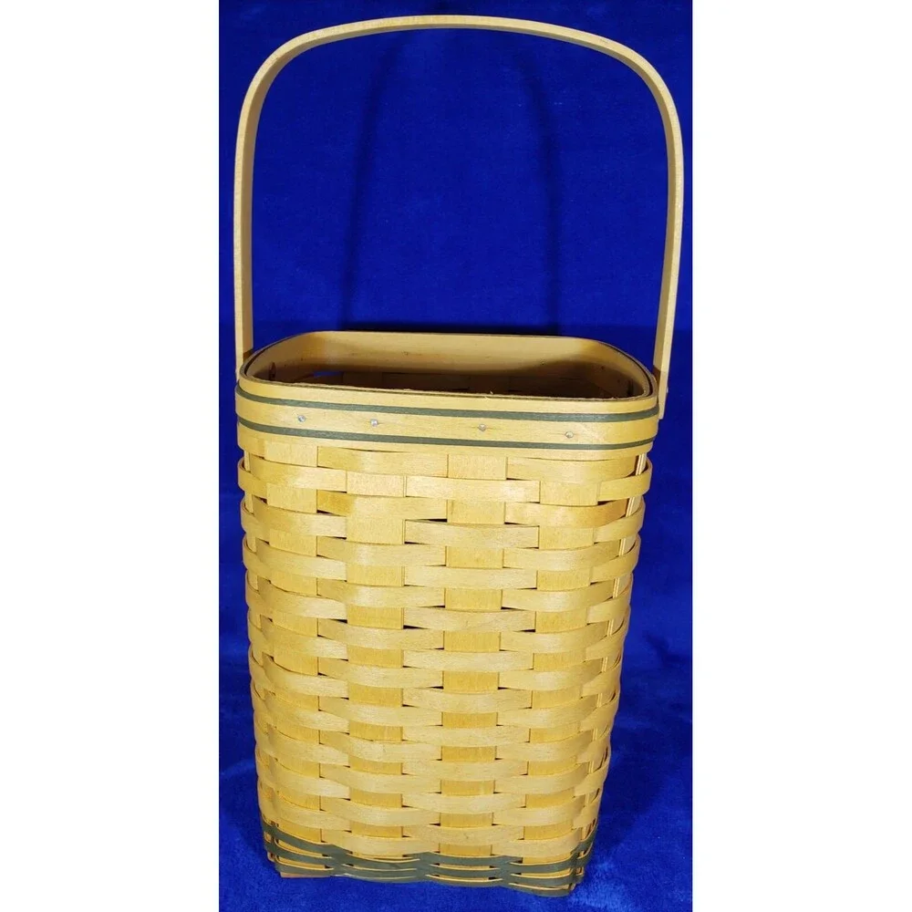 2002 Longaberger Tall Basket w/Green Accent Weave, Swing Handle and Protector